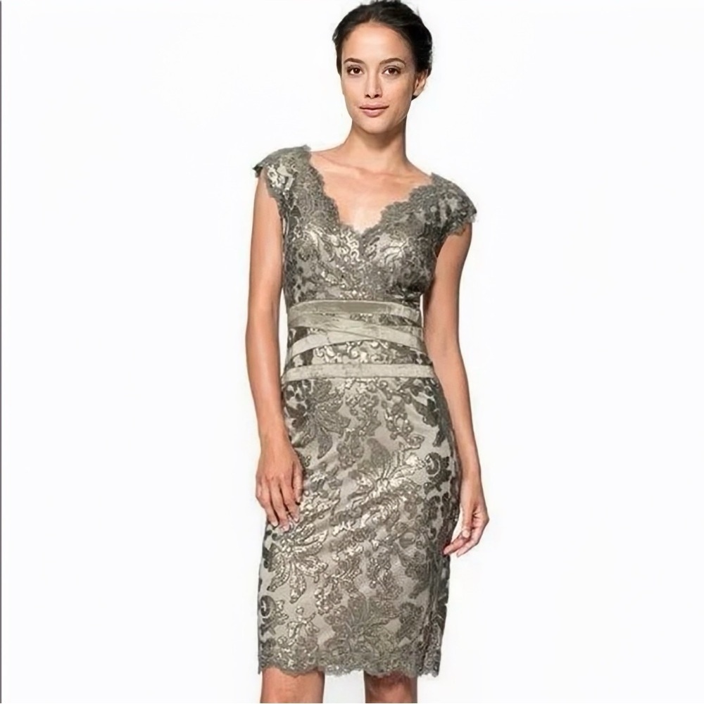Tadashi Shoji ‘Embroidered Lace Sequin V-Neck Dress’ in “Smokey Pearl” Size 16
